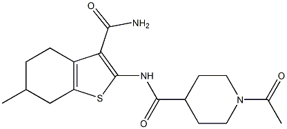 1-acetyl-N-(3-carbamoyl-6-methyl-4,5,6,7-tetrahydro-1-benzothiophen-2-yl)piperidine-4-carboxamide Struktur