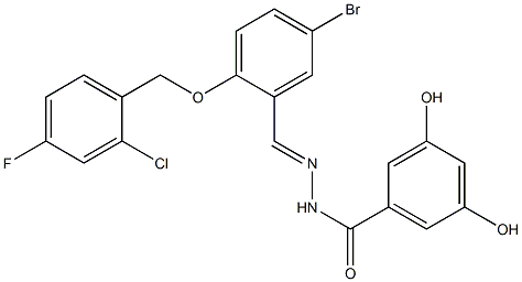 N-[(E)-[5-bromo-2-[(2-chloro-4-fluorophenyl)methoxy]phenyl]methylideneamino]-3,5-dihydroxybenzamide Struktur