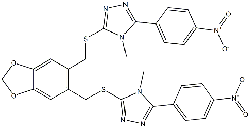 4-methyl-3-[[6-[[4-methyl-5-(4-nitrophenyl)-1,2,4-triazol-3-yl]sulfanylmethyl]-1,3-benzodioxol-5-yl]methylsulfanyl]-5-(4-nitrophenyl)-1,2,4-triazole Struktur