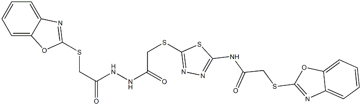 2-(1,3-benzoxazol-2-ylsulfanyl)-N-[5-[2-[2-[2-(1,3-benzoxazol-2-ylsulfanyl)acetyl]hydrazinyl]-2-oxoethyl]sulfanyl-1,3,4-thiadiazol-2-yl]acetamide Struktur