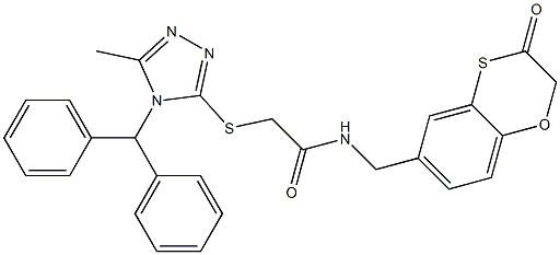 2-[(4-benzhydryl-5-methyl-1,2,4-triazol-3-yl)sulfanyl]-N-[(3-oxo-1,4-benzoxathiin-6-yl)methyl]acetamide Struktur