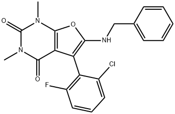 Furo[2,3-d]pyrimidine-2,4(1H,3H)-dione,  5-(2-chloro-6-fluorophenyl)-1,3-dimethyl-6-[(phenylmethyl)amino]- Struktur