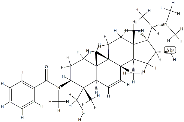 N-[(20S)-20-(Dimethylamino)-16α-hydroxy-4α-(hydroxymethyl)-4,14-dimethyl-9,19-cyclo-5α-pregn-6-en-3β-yl]-N-methylbenzamide Struktur