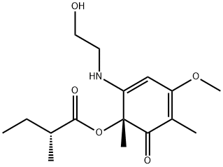 (R)-2-Methylbutanoic acid (1R)-2-[(2-hydroxyethyl)amino]-4-methoxy-1,5-dimethyl-6-oxo-2,4-cyclohexadien-1α-yl ester Struktur