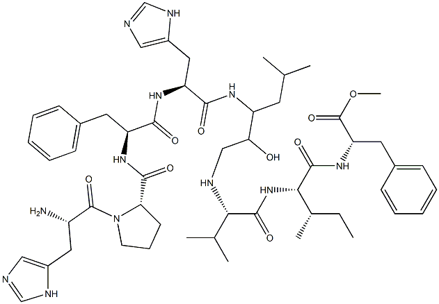 N-[3-[(L-His-L-Pro-L-Phe-L-His-)Amino]-2-hydroxy-5-methylhexyl]-L-Val-L-Ile-L-Phe-OMe Struktur