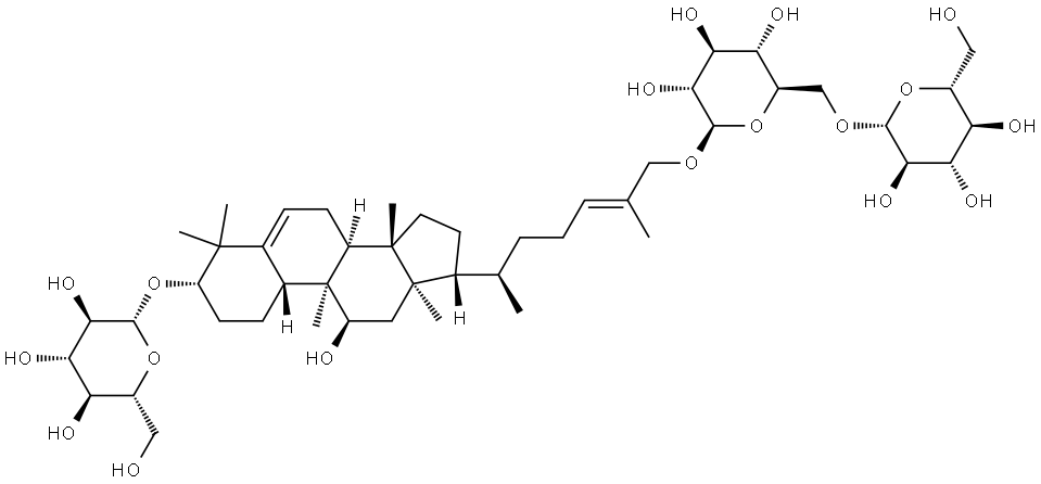 (2R,3R,4S,5R,6R)-2-(hydroxymethyl)-6-[[(2R,3R,4S,5R,6R)-3,4,5-trihydroxy-6-[(6R)-6-[(3S,8S,9R,10S,11R,13R,14S,17R)-11-hydroxy-4,4,9,13,14-pentamethyl-3-[(2R,3R,4S,5R,6R)-3,4,5-trihydroxy-6-(hydroxymethyl)oxan-2-yl]oxy-2,3,7,8,10,11,12,15,16,17-decahydro-1H-cyclopenta[a]phenanthren-17-yl]-2-methyl-hept-2-enoxy]oxan-2-yl]methoxy]oxane-3,4,5-triol Struktur