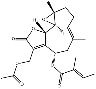 (E)-2-Methyl-2-butenoic acid [(1aR,4E,7S,10aS,10bR)-8-acetoxymethyl-1a,2,3,6,7,9,10a,10b-octahydro-1a,5-dimethyl-9-oxooxireno[9,10]cyclodeca[1,2-b]furan-7-yl] ester Struktur