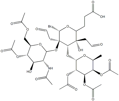 O-(2,3,4-tri-O-acetylfucopyranosy)-(1--3)-O-(2-acetamido-4,6-di-O-acetyl-2-deoxyglucopyranosyl)-(1--3)-2,4,6-tri-O-acetylgalactopyranosyl bromide Struktur