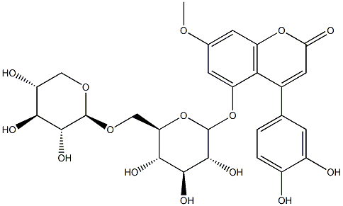 4-(3,4-Dihydroxyphenyl)-7-methoxy-5-[(6-O-β-D-xylopyranosyl-β-D-glucopyranosyl)oxy]- 2H-1-benzopyran-2-one Struktur