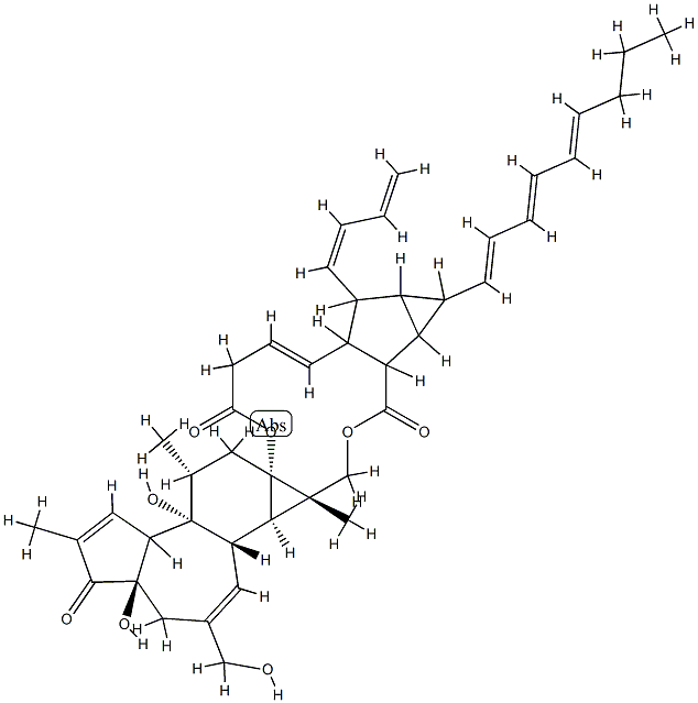 12-deoxy-16-hydroxyphorbol-4'-(12',14'-butadienyl)-6'-(16',18',20'-nonatrienyl)-bicyclo(3.1.0)hexane-(13-O)-2'-(carboxylate)-(16-O)-3'-(8'-butenoic-10')ate Struktur