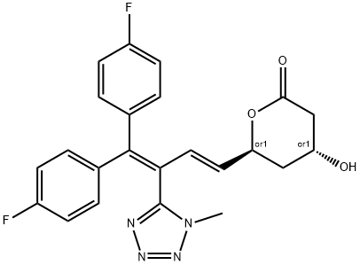 (4R)-Tetrahydro-4α-hydroxy-6α-[(E)-4,4-bis(4-fluorophenyl)-3-(1-methyl-1H-tetrazol-5-yl)-1,3-butadienyl]-2H-pyran-2-one Struktur