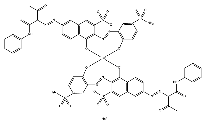 Chromate(3-), bis3-5-(aminosulfonyl)-2-(hydroxy-.kappa.O)phenylazo-.kappa.N1-4-(hydroxy-.kappa.O)-7-2-oxo-1-(phenylamino)carbonylpropylazo-2-naphthalenesulfonato(3-)-, trisodium Struktur