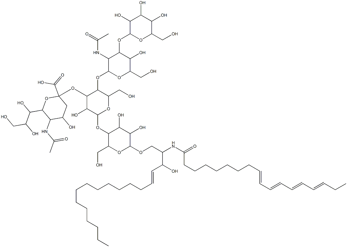 5-acetamido-2-[5-[3-acetamido-5-hydroxy-6-(hydroxymethyl)-4-[3,4,5-tri hydroxy-6-(hydroxymethyl)oxan-2-yl]oxy-oxan-2-yl]oxy-2-[4,5-dihydroxy- 2-(hydroxymethyl)-6-[(E)-3-hydroxy-2-[[(9E,11E,13E,15E)-octadeca-9,11, 13,15-tetraenoyl]amino]octadec-4-enoxy]oxan-3-yl]oxy-3-hydroxy-6-(hydr oxymethyl)oxan-4-yl]oxy-4-hydroxy-6-(1,2,3-trihydroxypropyl)oxane-2-ca rboxylic acid Struktur