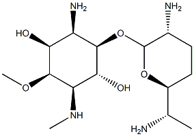 6-Amino-3,6-dideoxy-5-O-(2,6-diamino-2,3,4,6,7-pentadeoxy-β-L-lyxo-heptopyranosyl)-2-O-methyl-3-(methylamino)-D-myo-inositol Struktur