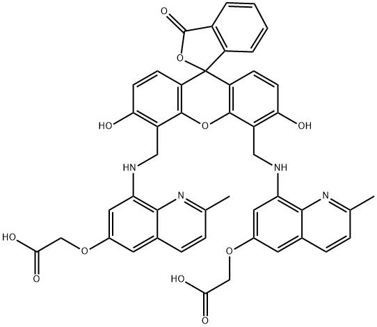 2-{4,5-Bis[(6-(2-ethoxy-2-oxohydroxy)-2-methylquinolin-8-ylamino)methyl]-6-hydoxy-3-oxo-3H-xanthen-9-yl}benzoic acid FL2A Struktur