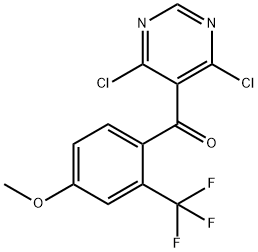 (4,6-Dichloropyrimidin-5-yl)(4-methoxy-2-(trifluoromethyl)phenyl)methanone Struktur