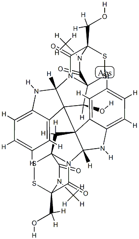 (11S)-11-Hydroxy-2,2',3,3',5aα,5'aα,6,6'-octahydro-3,3'-bis(hydroxymethyl)-2,2'-dimethyl-10bα,10'bα(11H,11'H)-bi(3β,11aβ-epidithio-11aH-pyrazino[1',2':1,5]pyrrolo[2,3-b]indole)-1,1',4,4'-tetrone Struktur