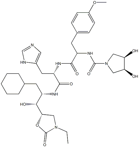 Nα-[O-Methyl-N-[[(3S,4R)-3,4-dihydroxypyrrolizino]carbonyl]-L-tyrosyl]-N-[(1S,2R)-1-(cyclohexylmethyl)-2-[(5S)-3-ethyl-2-oxo-5-oxazolidinyl]-2-hydroxyethyl]-L-histidinamide Struktur