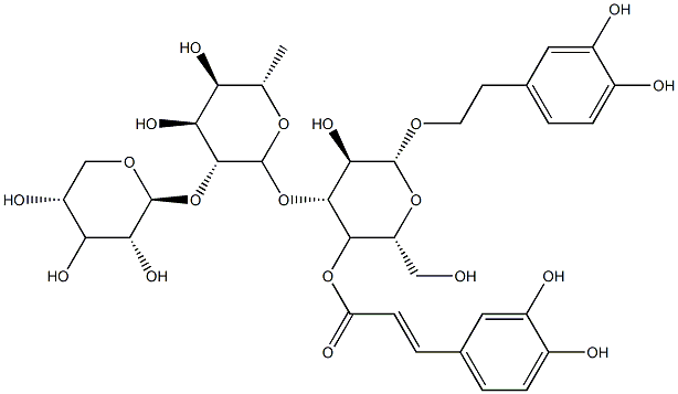 beta-D-Glucopyranoside, 2-(3,4-dihydroxyphenyl)ethyl O-beta-D-xylopyra nosyl-(1-2)-O-6-deoxy-alpha-L-mannopyranosyl-(1-3)-, 4-(3-(3,4-dihydro xyphenyl)-2-propenoate), (E)- Struktur