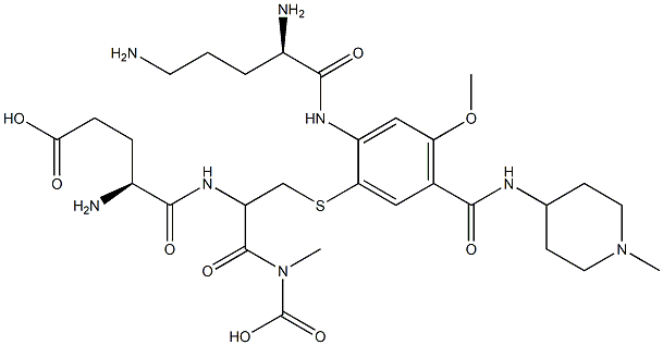 Glycine, N-(S-(2-((2,5-diamino-1-oxopentyl)amino)-4-methoxy-5-(((1-met hyl-4-piperidinyl)amino)carbonyl)phenyl)-N-L-gamma-glutamyl-L-cysteiny l)-, (S)- Struktur