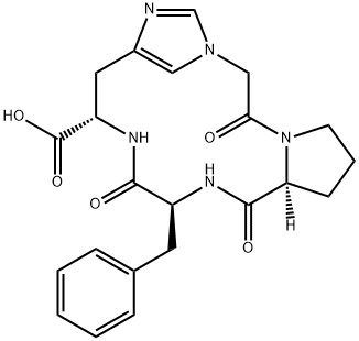 cyclic(3-1)-1-(carboxymethyl)prolyl-phenylalanyl-histidinamide Struktur