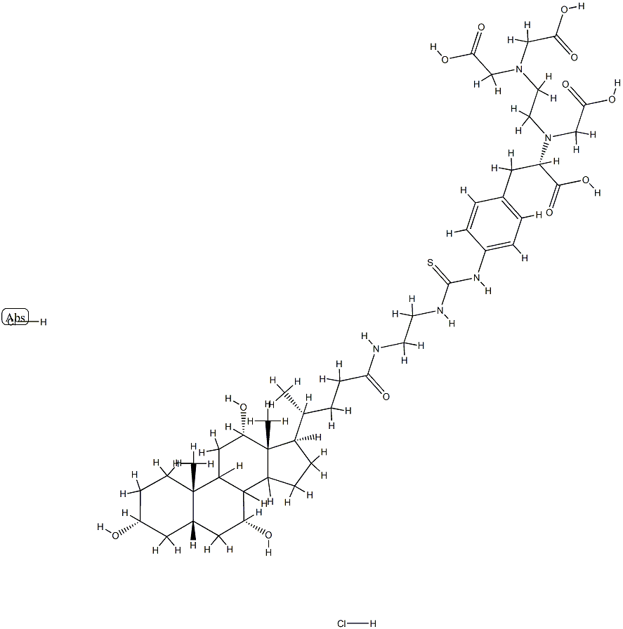 N-carboxymethyl)-N-(2-(bis(carboxymethyl)amino)ethyl)-3-(4-(N'-(2-((3,7,12-trihydroxycholan-24-oyl)amino)ethyl)(thioureido)phenyl)alanine Struktur