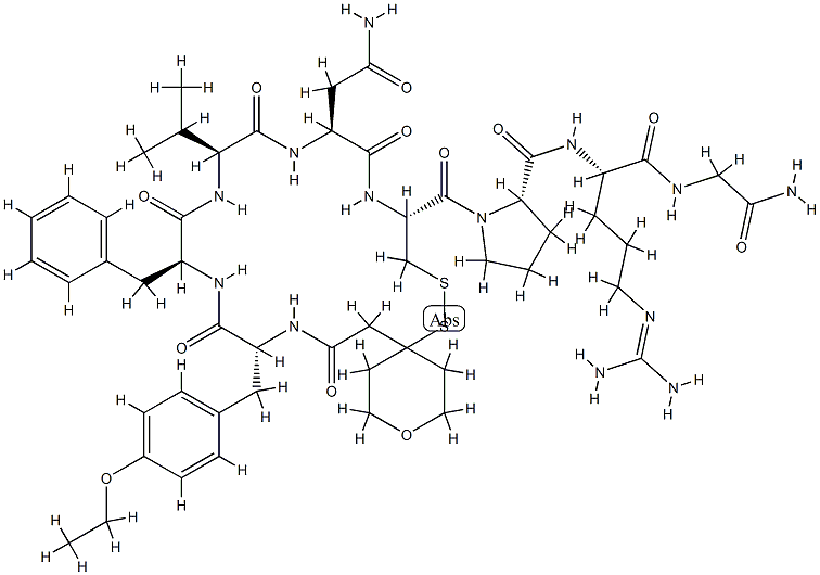 Vasopressin, 1-(tetrahydro-4-mercapto-2H-pyran-4-acetic acid)-2-(O-eth yl-D-tyrosine)-4-L-valine-8-L-arginine- Struktur