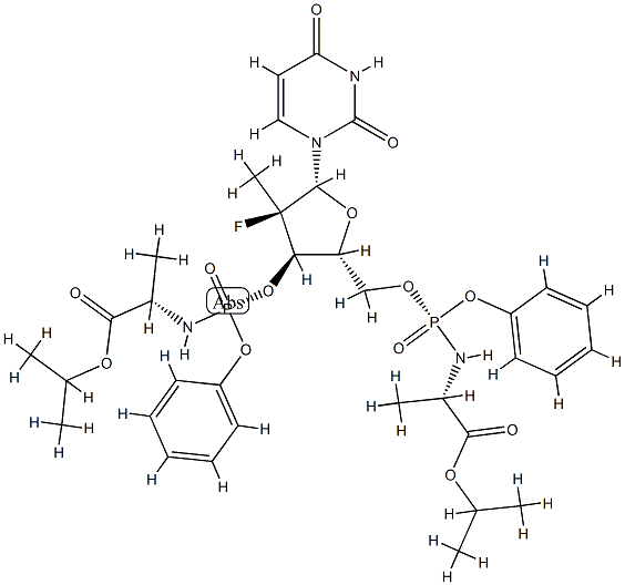 L-Alanine, N-[(S)-hydroxyphenoxyphosphinyl]-, 1-Methylethyl ester, (P→3'),(P'→5')-diester with (2'R)-2'-deoxy-2'-fluoro-2'-Methyluridine Struktur