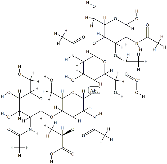 O-2-(AcetylaMino)-2-deoxy-β-D-glucopyranosyl-(1→4)-O-(N-acetyl- β-MuraMosyl)-(1→4)-O-2-(acetylaMino)-2-deoxy-β-D-glucopyranosyl-(1→4)-N-acetylMuraMic Acid Struktur