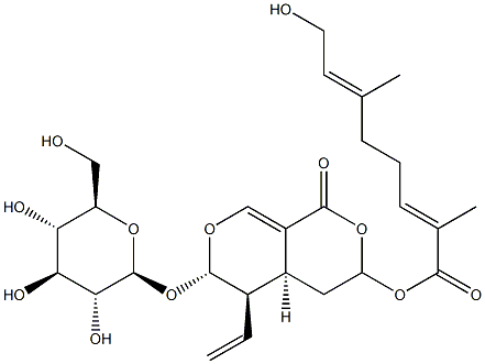 (2E,6E)-8-Hydroxy-2,6-dimethyl-2,6-octadienoic acid [(3R)-5β-ethenyl-6α-(β-D-glucopyranosyloxy)-4,4aα,5,6-tetrahydro-1-oxo-1H,3H-pyrano[3,4-c]pyran]-3β-yl ester Struktur