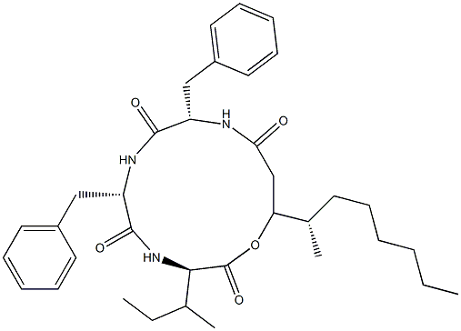 N-[N-[N-(3-Hydroxy-4-methyl-1-oxodecyl)-L-phenylalanyl]-L-phenylalanyl]-D-alloisoleucine λ-lactone Struktur