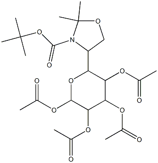 beta-D-Ribopyranose, 5-C-(3-((1,1-dimethylethoxy)carbonyl)-2,2-dimethyl-4-oxazolidinyl)-, 1,2,3,4-tetraacetate, (5R(R))- Struktur