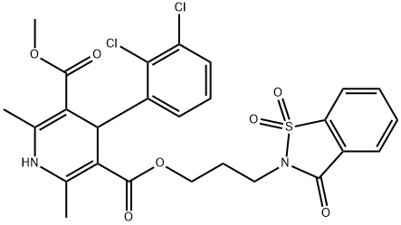 3,5-Pyridinedicarboxylic acid, 4-(2,3-dichlorophenyl)-1,4-dihydro-2,6-dimethyl-, methyl 3-(3-oxo-1,2-benzisothiazol-2(3H)-yl)propyl ester, S,S-dioxide Struktur