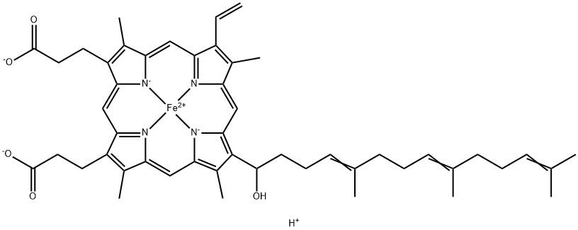 (7-ethenyl-12-(1-hydroxy-5,9,13-trimethyl-4,8,12-tetradecatrienyl)-3,8,13,17-tetramethyl-21H,23H-porphine-2,18-dipropanoato(4-)-N21,N22,N23,N24)-Ferrate(2-) Struktur