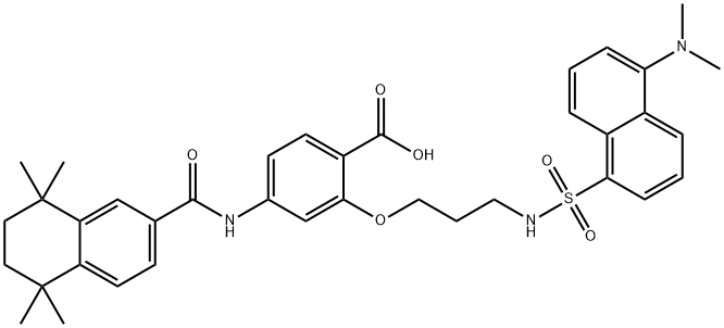 2-(3-(5-dimethylaminonaphthalene-1-sulfonyl)aminopropyl-1-oxyl)-4-((5,6,7,8-tetrahydro-5,5,8,8-tetramethyl-2-naphthalenyl)carboxamido)benzoic acid Struktur