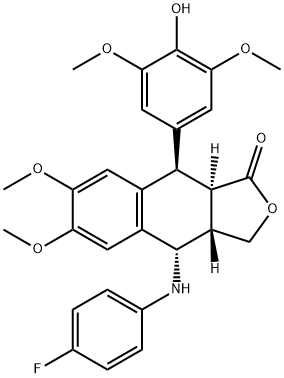 Naphtho[2,3-c]furan-1(3H)-one, 4-[(4-fluorophenyl)amino]-3a,4,9,9a-tet rahydro-9-(4-hydroxy-3,5-dimethoxyphenyl)-6,7-dimethoxy-, [3aS-(3a.alp ha.,4.beta.,9.alpha.,9a.beta.)]- Struktur