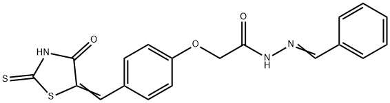 N-(benzylideneamino)-2-[4-[(E)-(4-oxo-2-sulfanylidene-thiazolidin-5-yl idene)methyl]phenoxy]acetamide Struktur