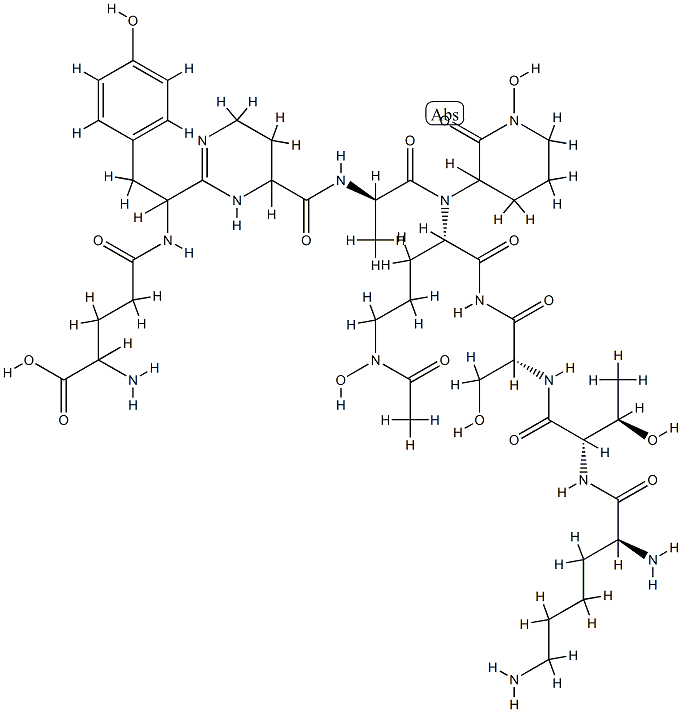 4-[[1-[4-[[(1R)-1-[[(1S)-4-(acetyl-hydroxy-amino)-1-[[(2R)-2-[[(2S,3R) -2-[[(2S)-2,6-diaminohexanoyl]amino]-3-hydroxy-butanoyl]amino]-3-hydro xy-propanoyl]carbamoyl]butyl]-(1-hydroxy-2-oxo-3-piperidyl)carbamoyl]e thyl]carbamoyl]-3,4,5,6-tetrahydropyrimidin-2-yl]-2-(4-hydroxyphenyl)e thyl]carbamoyl]-2-amino-butanoic acid Struktur