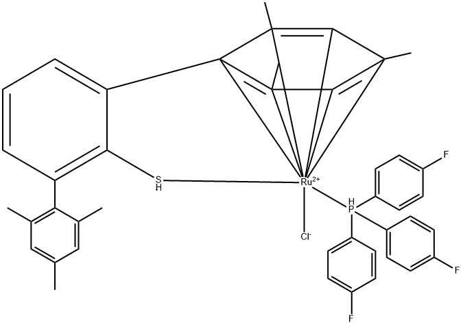 Chloro[(1,2,3,4,5,6-eta)-2,2'',4,4'',6,6''-hexamethyl[1,1':3',1''-terphenyl]-2'-thiolato-kappaS][tris(4-fluorophenyl)phosphine-kappaP]ruthenium(II) Struktur