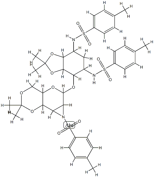 2-deoxy-6-O-(2,3-dideoxy-4,6-O-isopropylidene-2,3-(N-tosylepimino)mannopyranosyl)-4,5-O-isopropylidene-1,3-di-N-tosylstreptamine Struktur