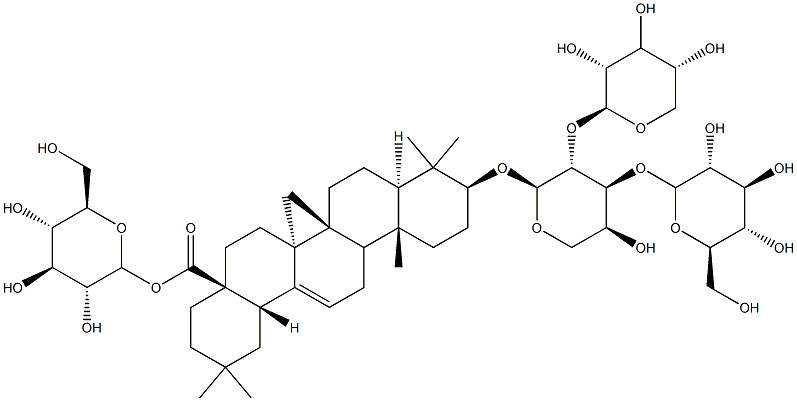 [(2S,3R,4S,5R,6R)-3,4,5-trihydroxy-6-(hydroxymethyl)oxan-2-yl] (4aS,6a S,6aS,6bR,10S,12aS,14bS)-10-[(2S,3R,4S,5S)-5-hydroxy-4-[(2S,3R,4S,5R,6 R)-3,4,5-trihydroxy-6-(hydroxymethyl)oxan-2-yl]oxy-3-[(2S,3R,4S,5R)-3, 4,5-trihydroxyoxan-2-yl]oxy-oxan-2-yl]oxy-2,2,6a,6b,9,9,12a-heptamethy l-1,3,4,5,6,6a,7,8,8a,10,11,12,13,14b-tetradecahydropicene-4a-carboxyl ate Struktur