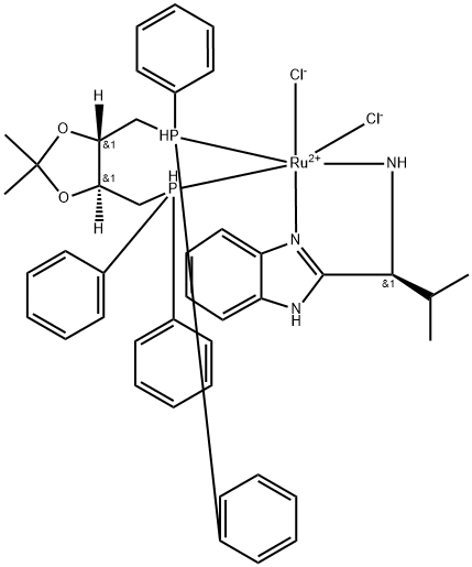 Dichloro[(4S,5S)-(+)-4,5-bis(diphenylphosphinomethyl)-2,2-dimethyl-1,3-dioxolane][(S)-(-)-2-(i-propyl)methanamine)-1H-benzimidazole]ruthenium(II) Struktur