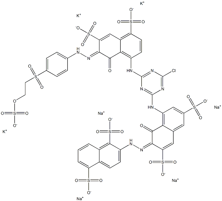 1,5-Naphthalenedisulfonic acid, 2-8-4-chloro-6-8-hydroxy-4,6-disulfo-7-4-2-(sulfooxy)ethylsulfonylphenylazo-1-naphthalenylamino-1,3,5-triazin-2-ylamino-1-hydroxy-3,6-disulfo-2-naphthalenylazo-, potassium sodium salt Struktur