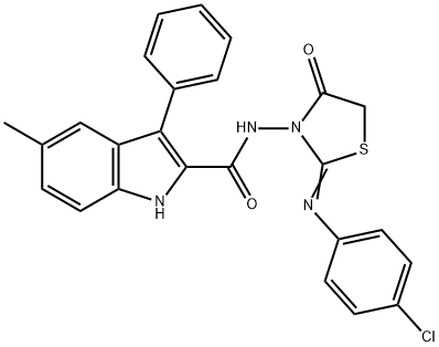 N-[2-(4-chlorophenyl)imino-4-oxo-thiazolidin-3-yl]-5-methyl-3-phenyl-1 H-indole-2-carboxamide Struktur