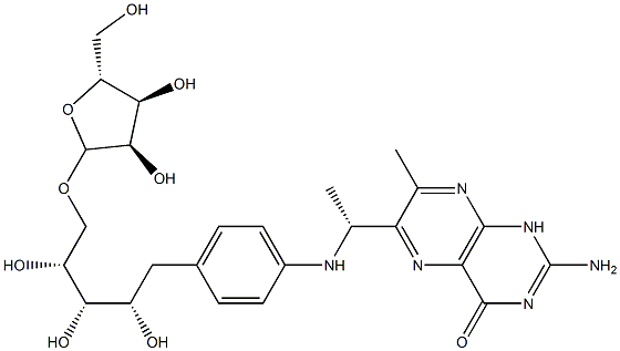 1-(4-((1-(2-amino-7-methyl-4-oxo-6-pteridinyl)ethyl)amino)phenyl)-1-deoxy-(1-ribofuranosyl)ribitol Struktur