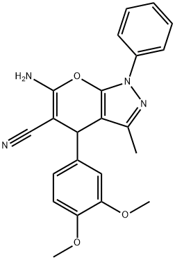 6-amino-4-(3,4-dimethoxyphenyl)-3-methyl-1-phenyl-1,4-dihydropyrano[2,3-c]pyrazole-5-carbonitrile Struktur