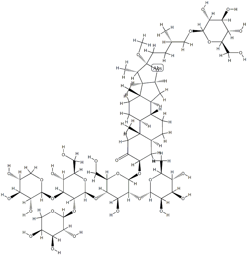 3-hydroxy-22-methoxy-26-glucopyranosyloxy-furostan-2-one-3-O-(O-rhamnopyranosyl-(1-2)-O-(O-arabinopyranosyl-(1-2)-O-(xylopyranosyl-(1-3))-glucopyranosyl-(1-4))galactopyranoside) Struktur