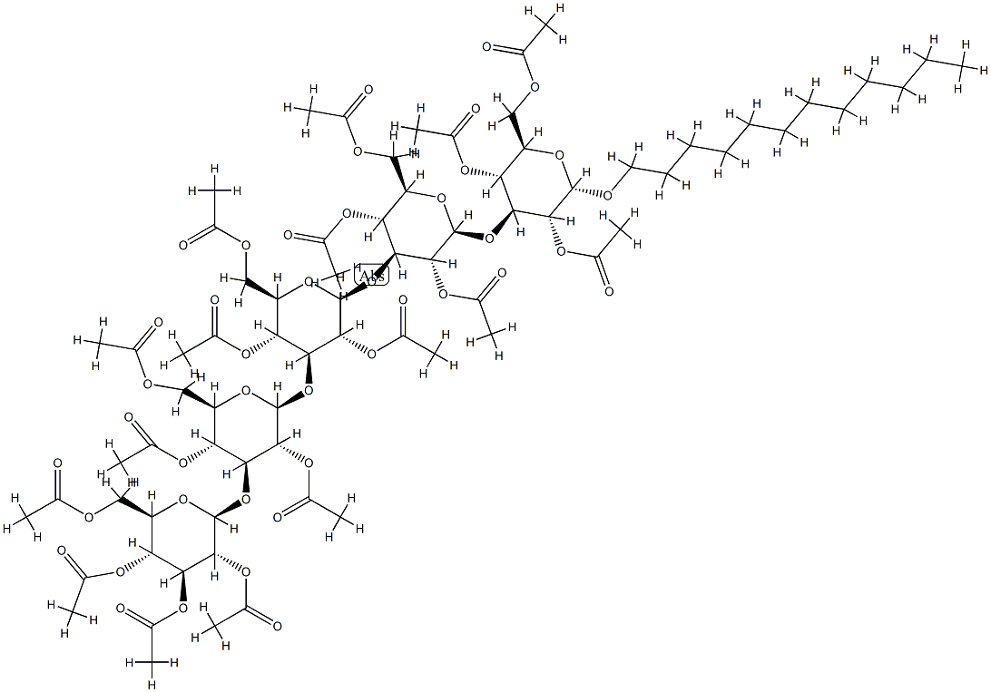 Dodecyl O-2,3,4,6-tetra-O-acetyl-beta-D-glucopyranosyl-(1-3)-O-2,4,6-t ri-O-acetyl-beta-D-glucopyranosyl-(1-3)-O-2,4,6-tri-O-acetyl-beta-D-gl ucopyranosyl-(1-3)-O-2,4,6-tri-O-acetyl-beta-D-glucopyranosyl-(1-3)-al pha-D-Glucopyranoside triacetate Struktur