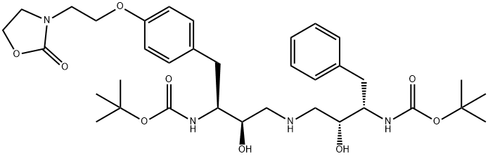 12-Oxa-2,6,10-triazatetradecanoic acid, 4,8-dihydroxy-13,13-dimethyl-1 1-oxo-3-[[4-[2-(2-oxo-3-oxazolidinyl)ethoxy]phenyl]methyl]-9-(phenylme thyl)-, 1,1-dimethylethyl ester, [3S-(3R*,4S*,8S*,9R*)]- Struktur