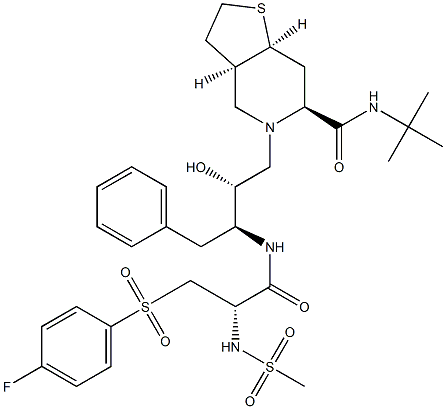 Thieno[3,2-c]pyridine-6-carboxamide, N-(1,1-dimethylethyl)-5-[3-[[3-[( 4-fluorophenyl)sulfonyl]-2-[(methylsulfonyl)amino]-1-oxopropyl]amino]- 2-hydroxy-4-phenylbutyl]octahydro-, [3aR-[3aa,5[2R*,3S*(S*)],6b,7aa]]- Struktur